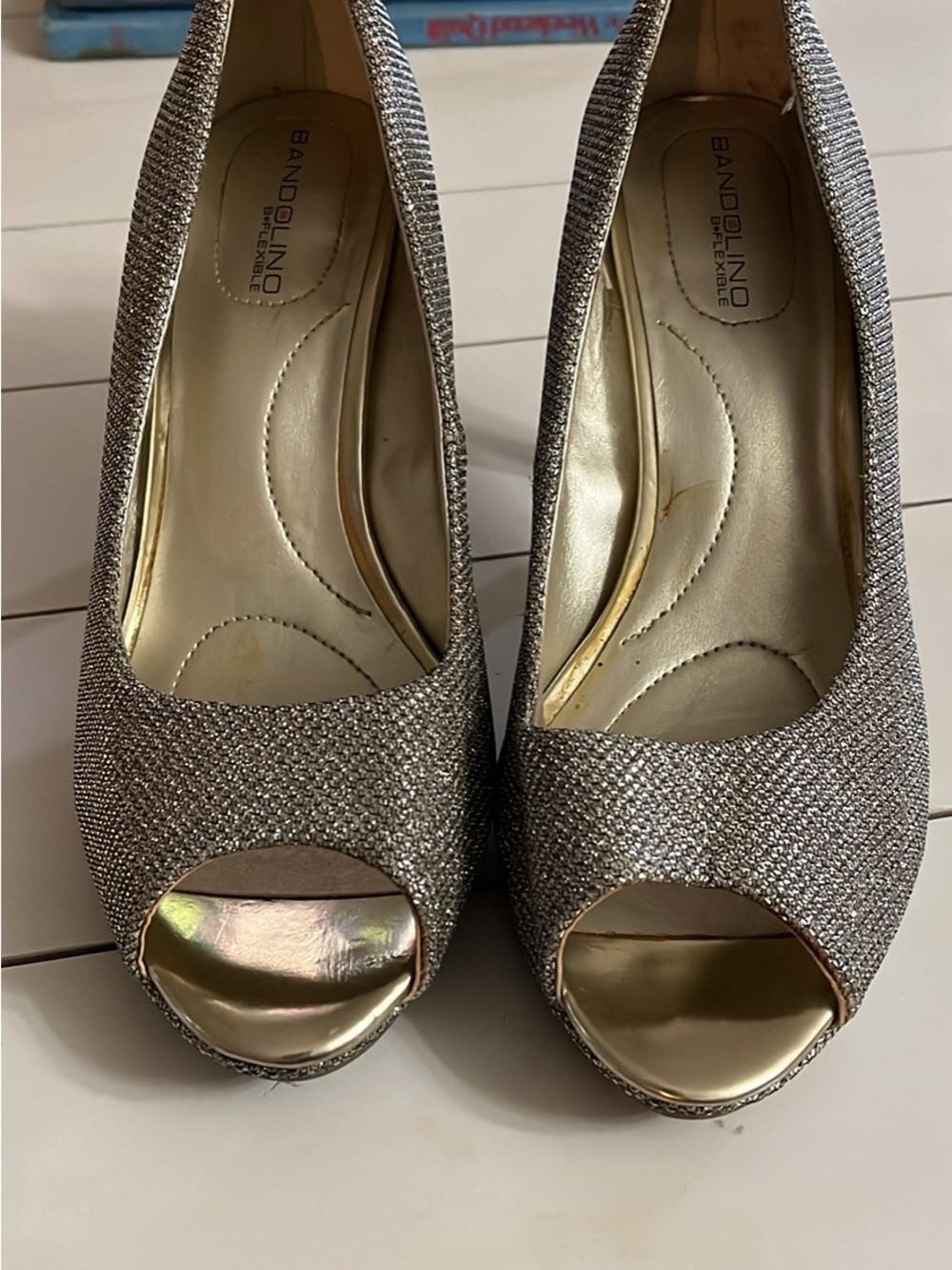 Bandolino Silver Glitter Open-Toe Heels with Gold Interior